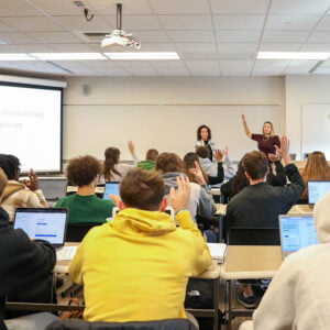 Hartwick College students during alumna presentation about careers in finance and accounting