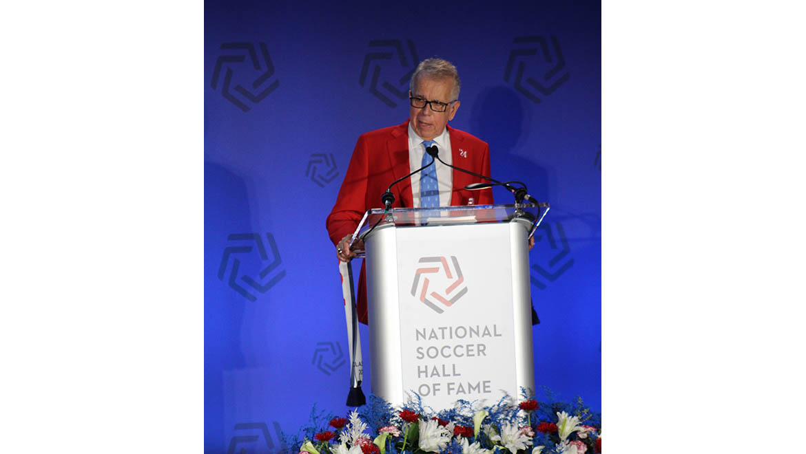 Franciscio Marcos speaking at his induction into the National Soccer Hall of Fame