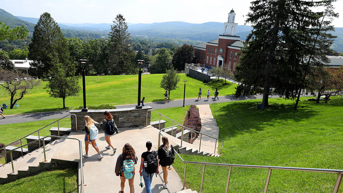 Hartwick College students walking down Memorial Staircase to Frisbee Field