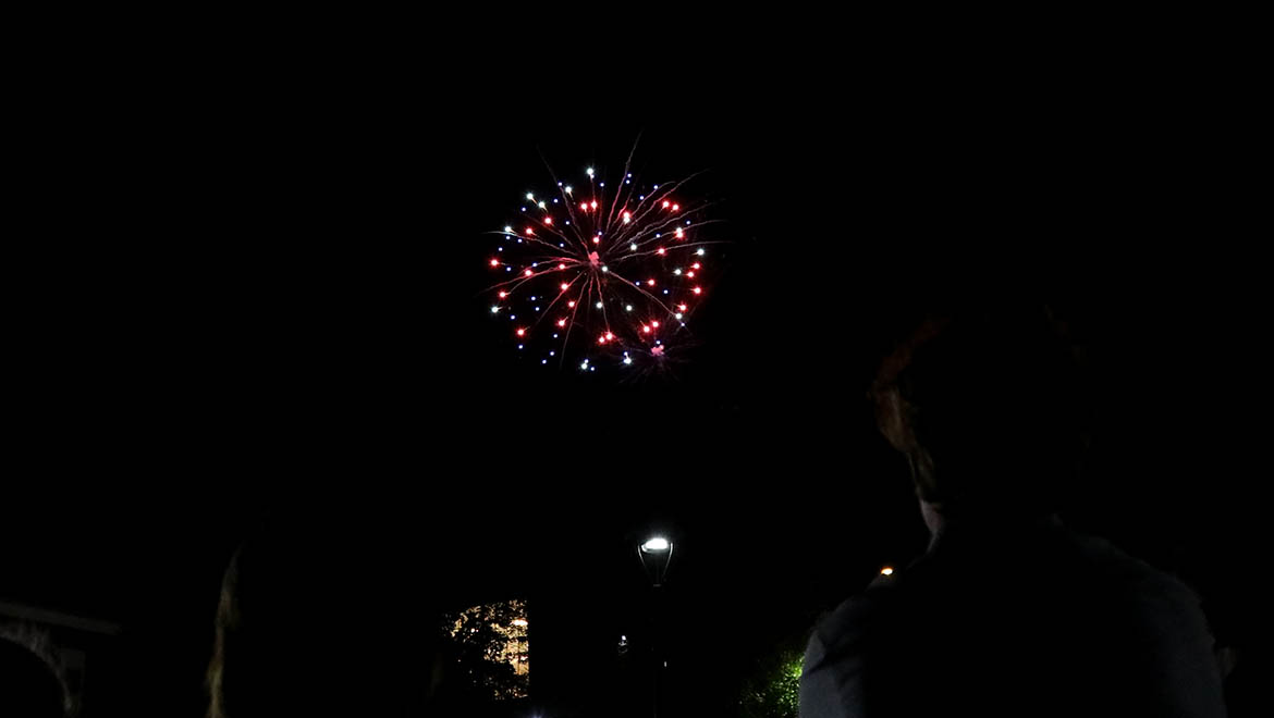 Fire Works over Hartwick College's Founders' Way during True Blue Weekend