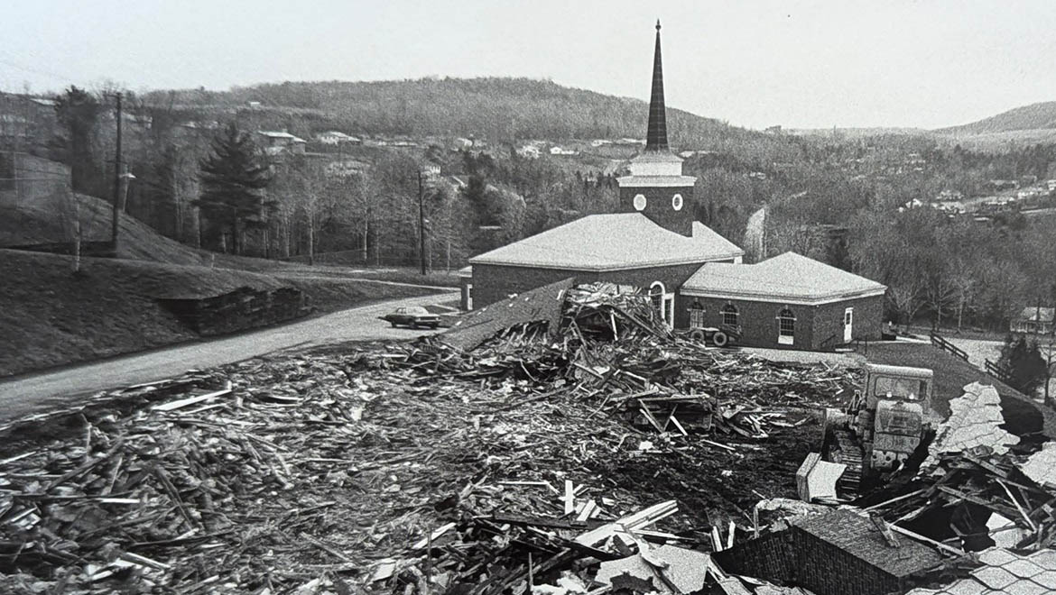 Hartwick College Cardboard Alley demolition Shineman Chapel House in view before hillside