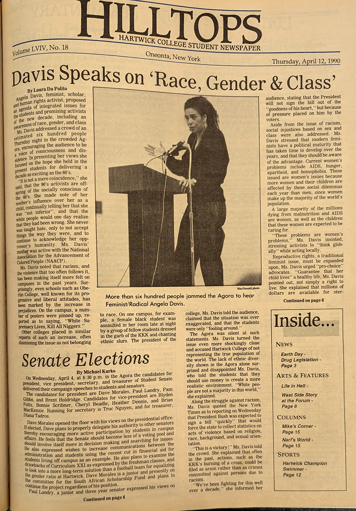 Hilltops Article about Angela Davis speaking at Hartwick College in 1990